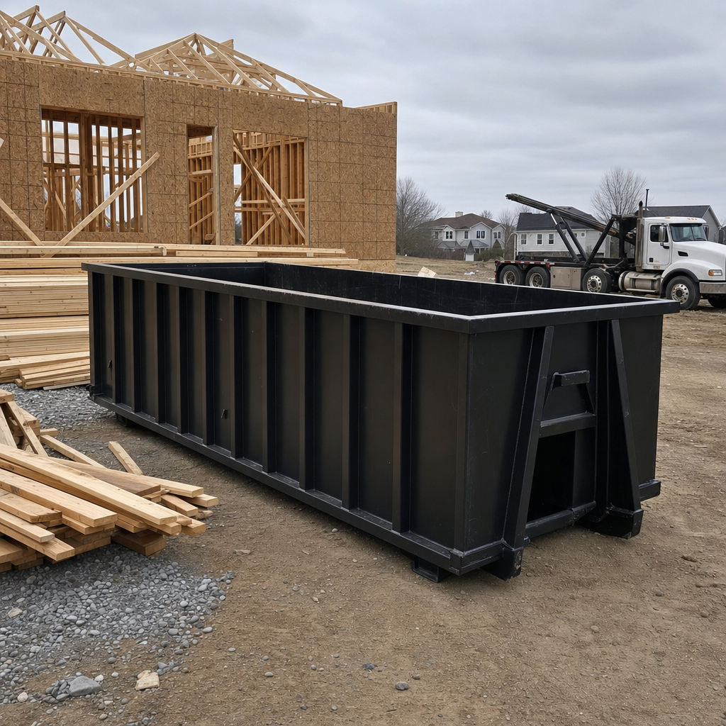Matte-black 40-yard roll-off dumpster staged on a framed-out residential construction site in Chandler, framing lumber stacked nearby, hooklift delivery truck visible in the background under bright Colorado daylight