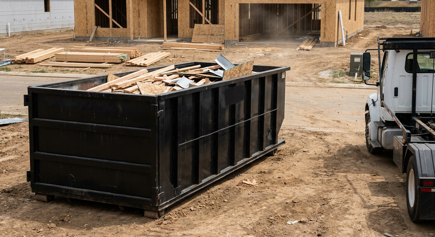 Matte-black 20-yard roll-off construction dumpster with heavy ribbed steel sidewalls and swing rear doors at a working jobsite in Chandler, sitting directly on compacted dirt with an unmarked white hauler partially visible at the far edge of the frame.