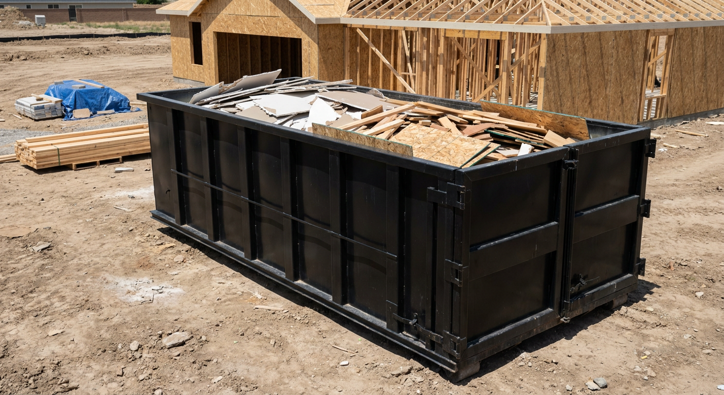 Matte-black 30-yard roll-off construction dumpster sitting directly on the compacted-dirt site of a framed single-family home build in Chandler, drywall and lumber scrap loaded inside.