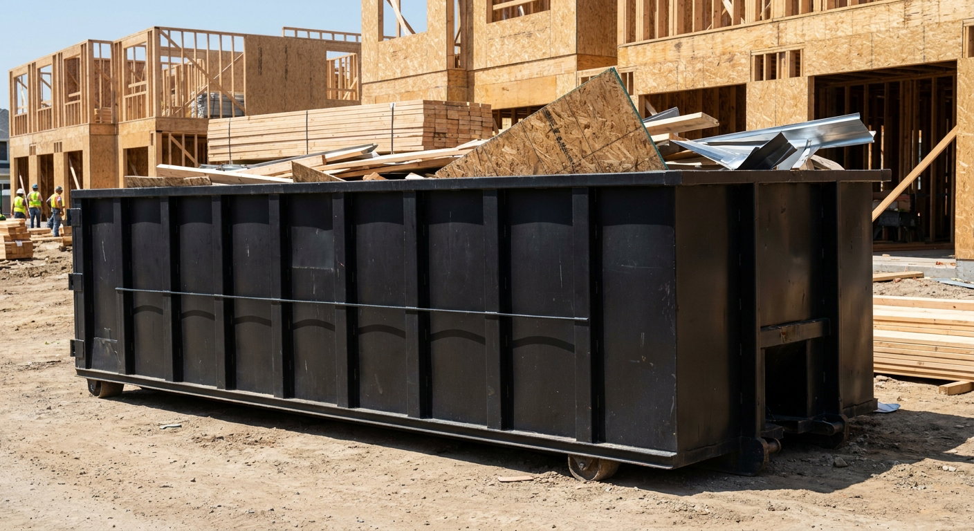 Matte-black 40-yard roll-off construction dumpster being lowered from a white-cab hooklift delivery truck onto the compacted-dirt jobsite at a commercial build site in Chandler