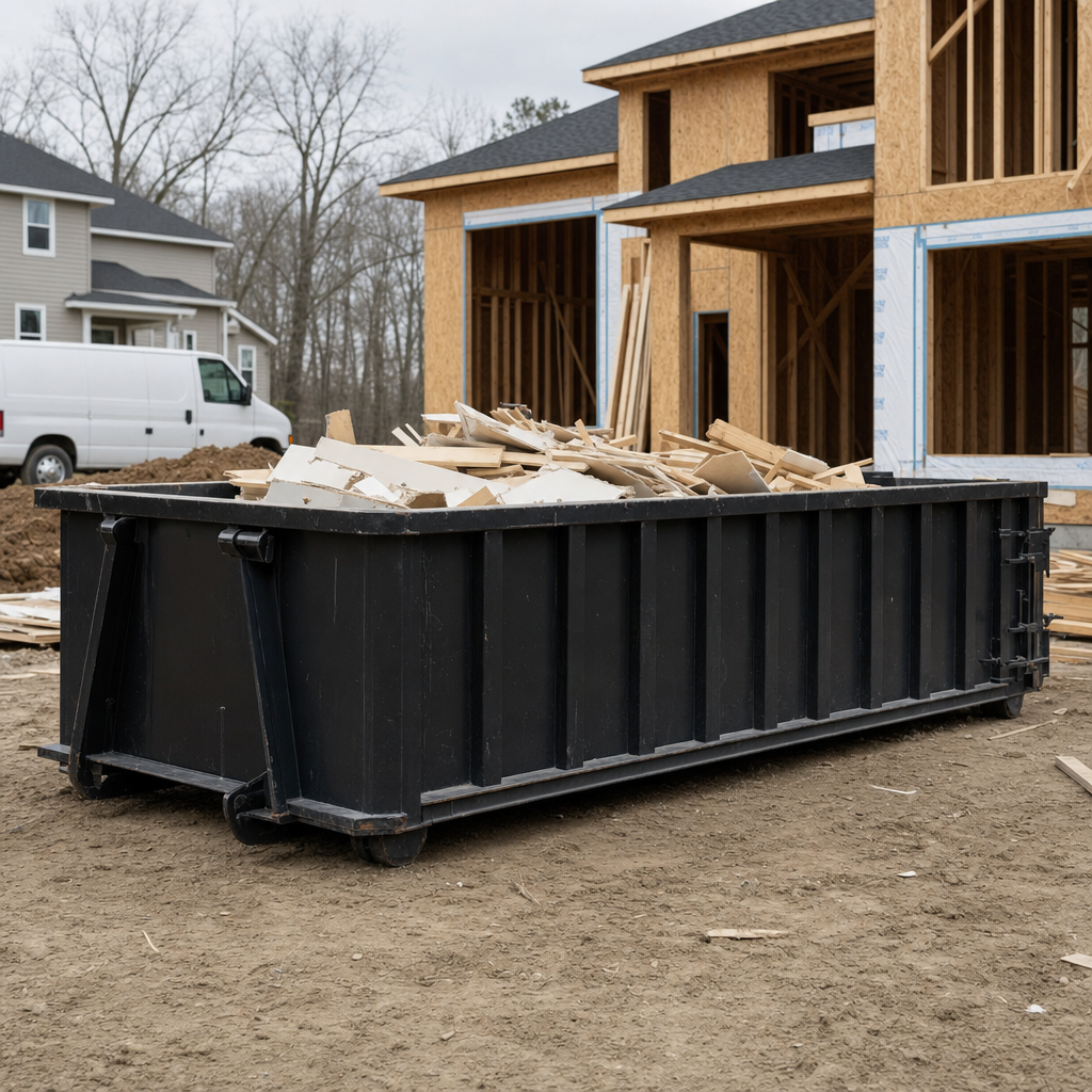 Worker in a yellow high-visibility vest tossing framing lumber and broken drywall into a matte-black 30-yard construction roll-off dumpster on an active build site in Chandler, bright daylight