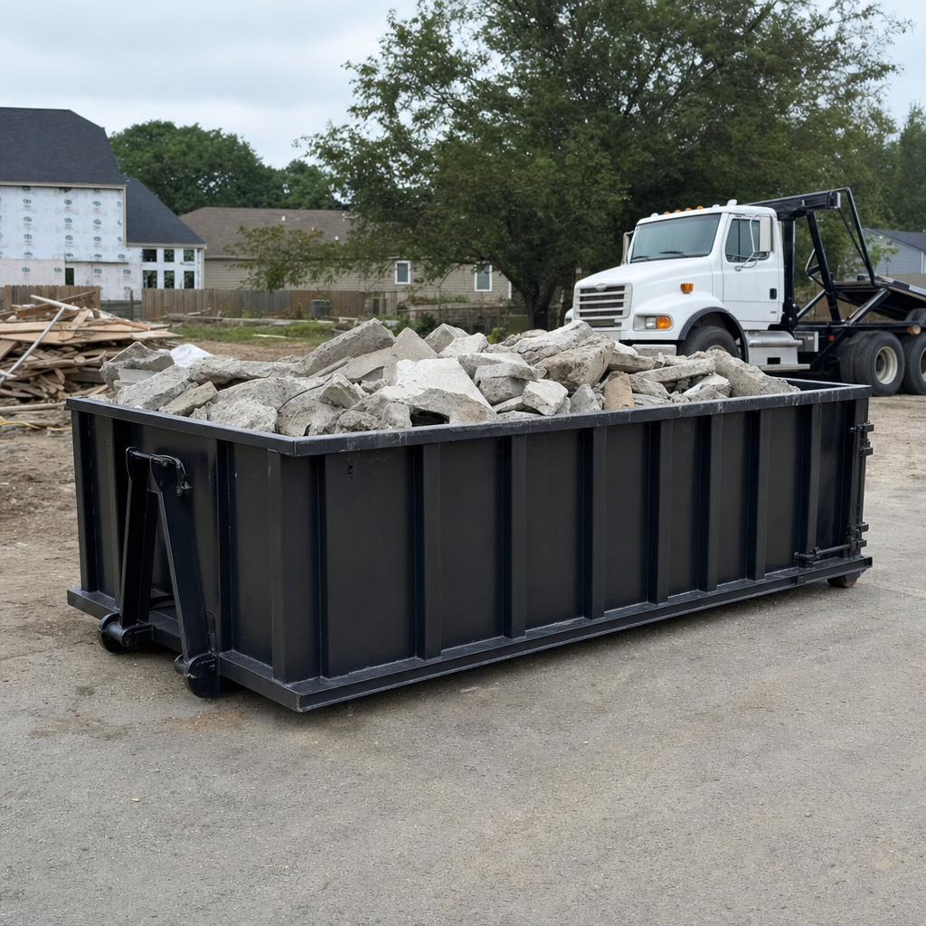 Low-profile matte-black lowboy roll-off dumpster loaded with broken concrete slab and rebar at a foundation tear-out in Chandler, skid steer parked beside it, sunny Colorado morning