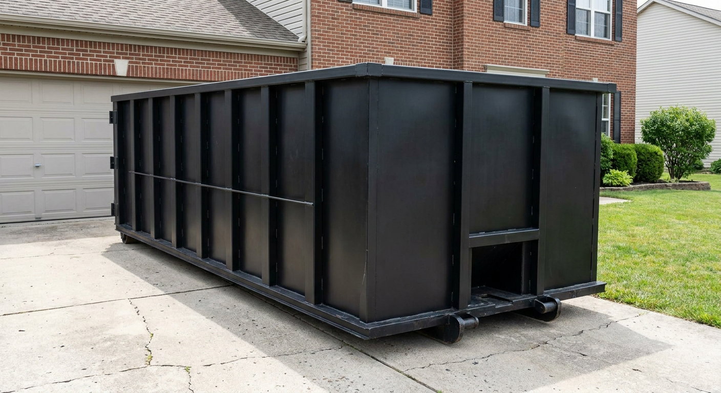 Matte-black 20-yard roll-off container on a Chandler residential concrete driveway with reinforced ribbed steel sidewalls and a hinged rear walk-in door, clean bright daylight.