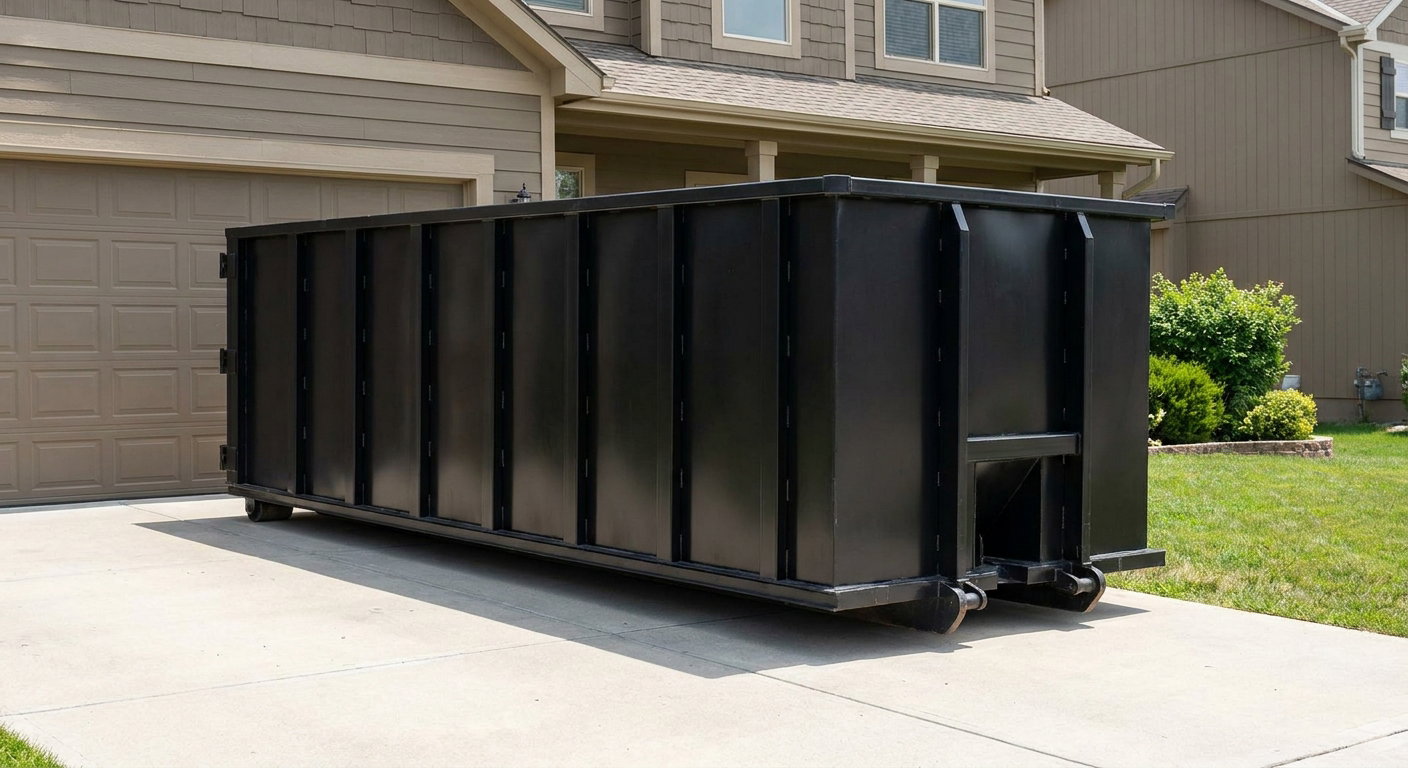 Matte-black residential roll-off dumpster sitting directly on a suburban Chandler concrete driveway, garage door closed, single-family home in background, bright morning daylight.
