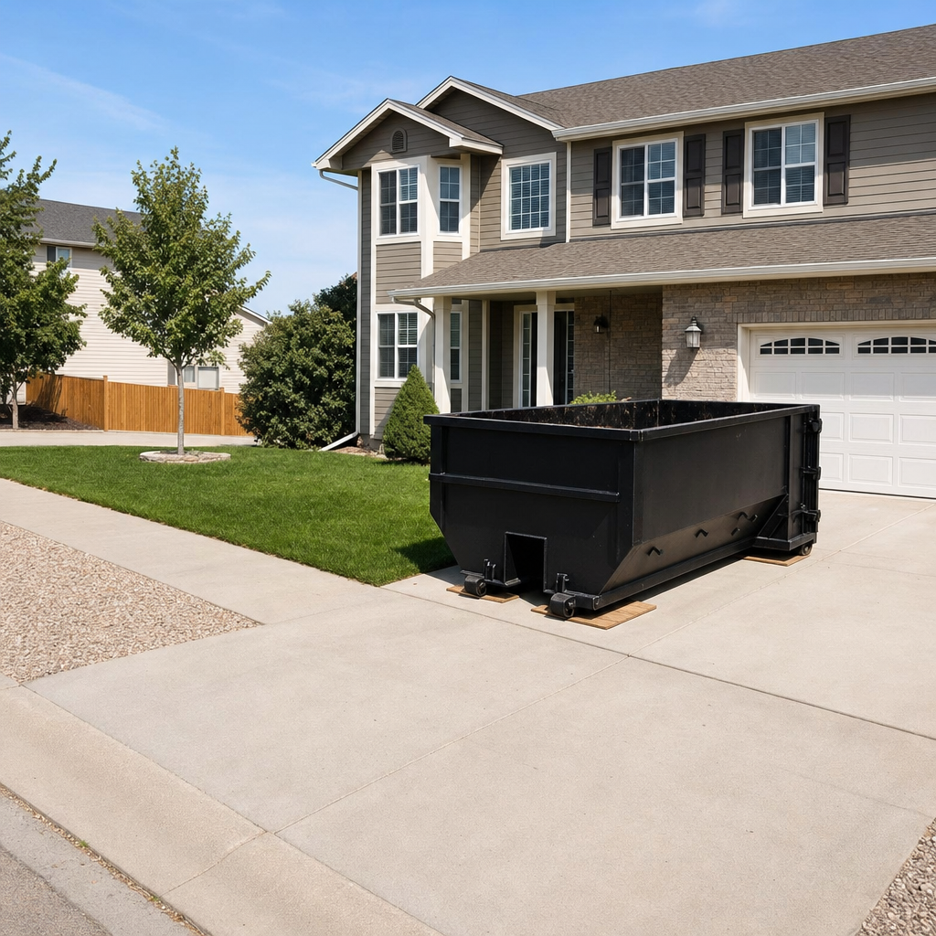 10-yard matte-black residential dumpster placed directly on a narrow Chandler concrete driveway, room remains for a parked sedan beside it, mid-morning natural light
