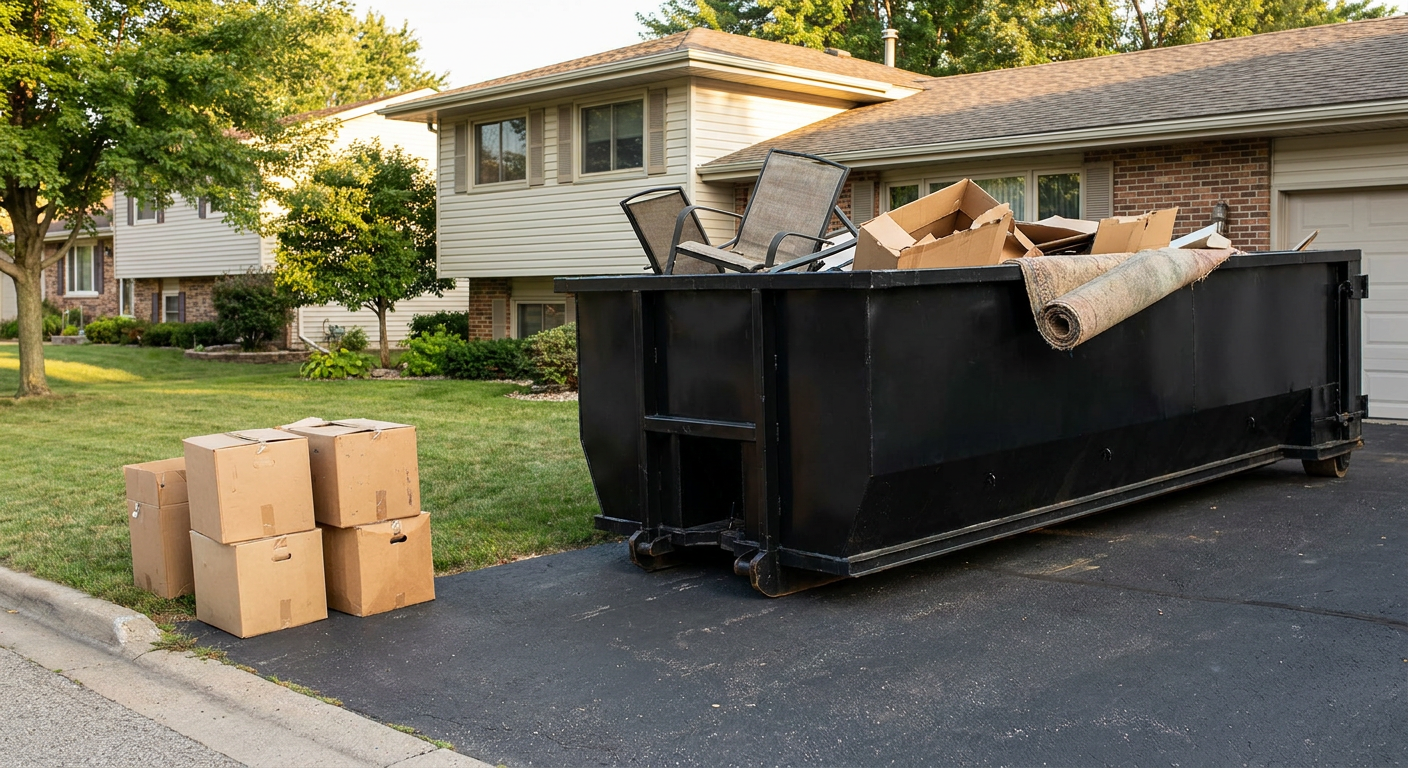 Front-yard view of a Chandler split-level home with a 20-yard matte-black roll-off dumpster sitting directly on the asphalt driveway, a few clearly labeled donation boxes staged at the curb, calm sunny afternoon.