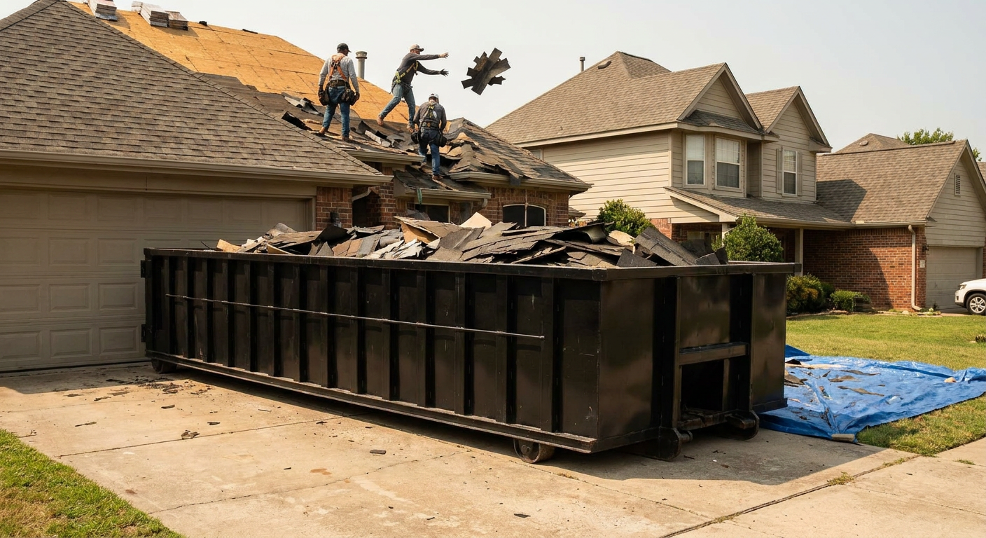 Matte-black roofing roll-off dumpster placed directly on a Chandler residential concrete driveway, a tear-off crew on a two-story asphalt-shingle roof tossing shingle bundles into the low-walled container, bright daylight, documentary 35mm perspective.