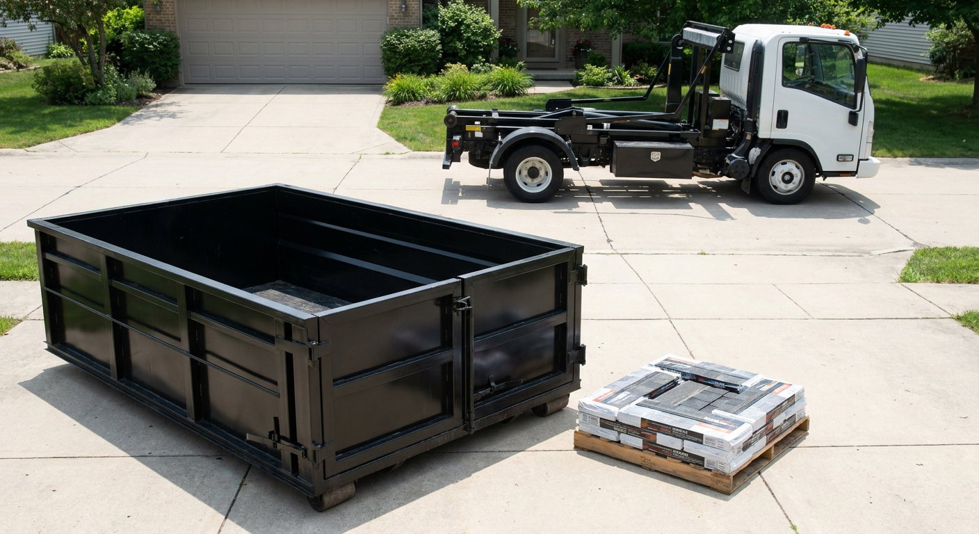 Matte-black 15-yard roofing roll-off dumpster with reinforced low side walls sitting directly on a Chandler residential concrete driveway, three-tab asphalt shingle bundles stacked nearby, an unmarked white hauler truck partially visible at the edge of the frame.