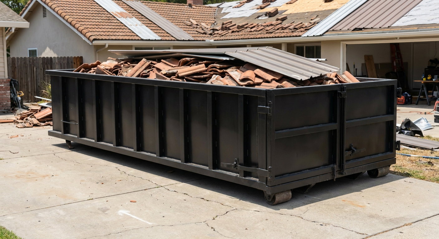 Matte-black low-wall heavy-debris roofing roll-off dumpster sitting directly on a Chandler concrete driveway, broken concrete clay roof tiles and metal panel sections loaded inside, reinforced ribbed steel side walls visible, bright outdoor daylight.