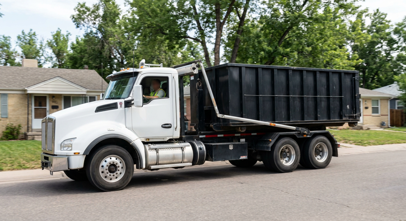 A wide documentary shot of a matte-black roll-off delivery truck pulling onto a quiet Chandler residential street at mid-morning, with neighborhood rooftops and tree-lined blocks visible behind, showing the metro coverage footprint.