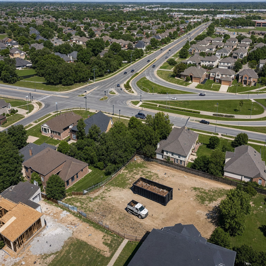 An overhead documentary view of the Chandler metro area at midday, showing the spread of neighborhoods, arterial roads, and the dispatch radius from a central yard — clean daylight, organized geographic layout.