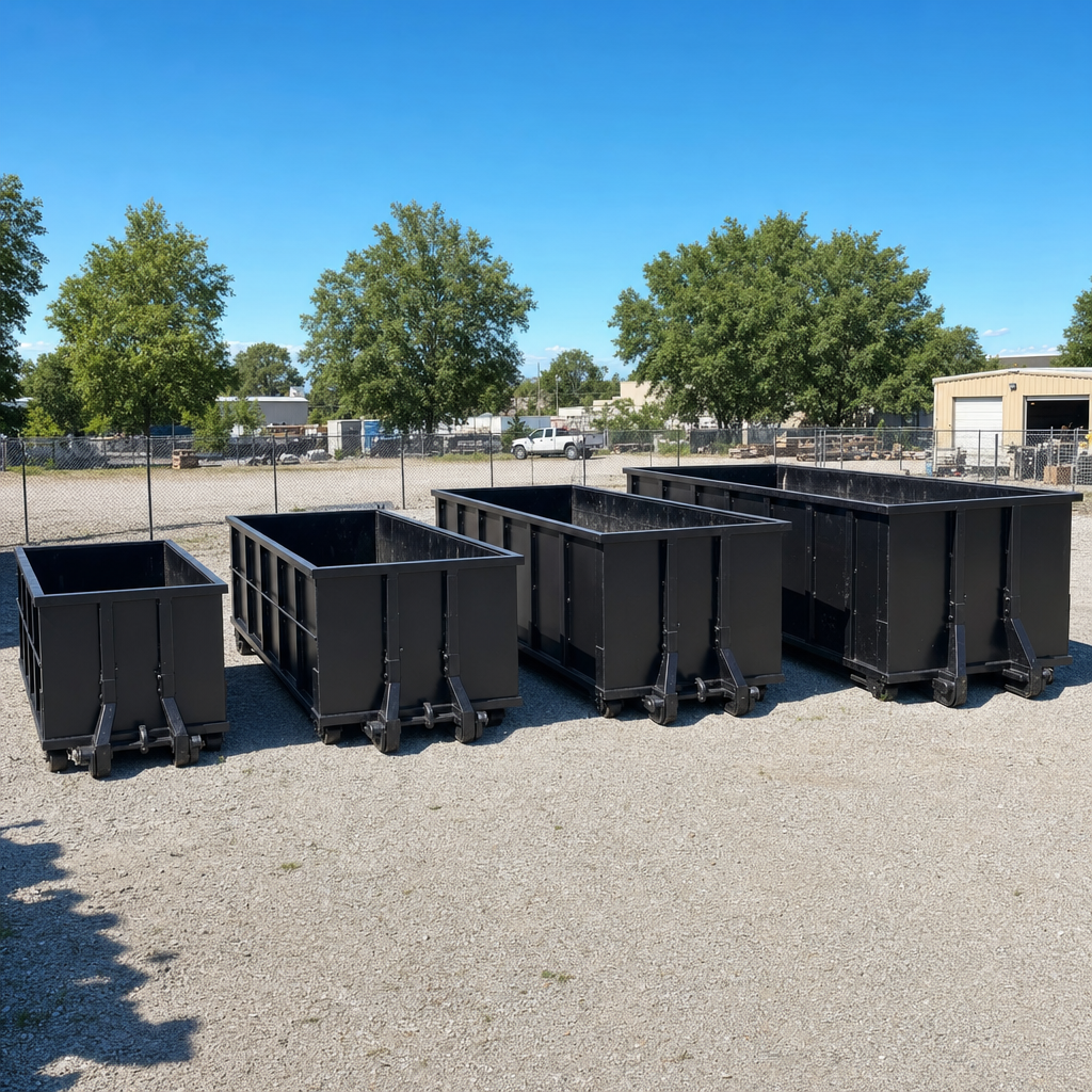 A clean lineup of matte-black roll-off dumpsters in 10, 20, 30, and 40-yard sizes staged on a sunlit gravel yard in Chandler, showing the size progression from compact to commercial-scale containers.