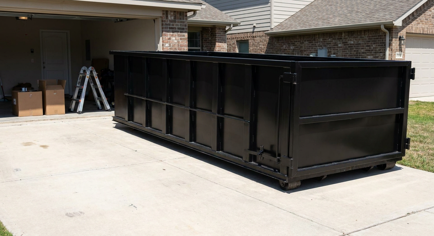 A matte-black 10-yard roll-off dumpster sitting directly on a residential Chandler concrete driveway, mid-day sunlight, clean and ready for a garage cleanout.