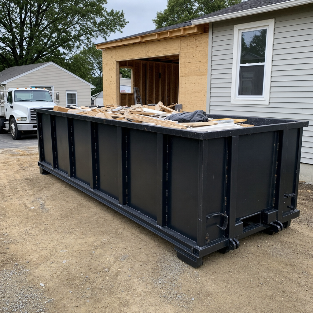 A matte-black 30-yard roll-off dumpster positioned at a Chandler residential addition jobsite, with framing lumber and drywall scraps loaded through the open swinging rear doors.