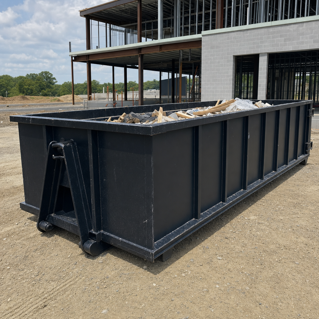 A matte-black 40-yard roll-off dumpster staged on a large Chandler commercial construction lot, with a hooklift delivery truck parked alongside under bright midday sky.