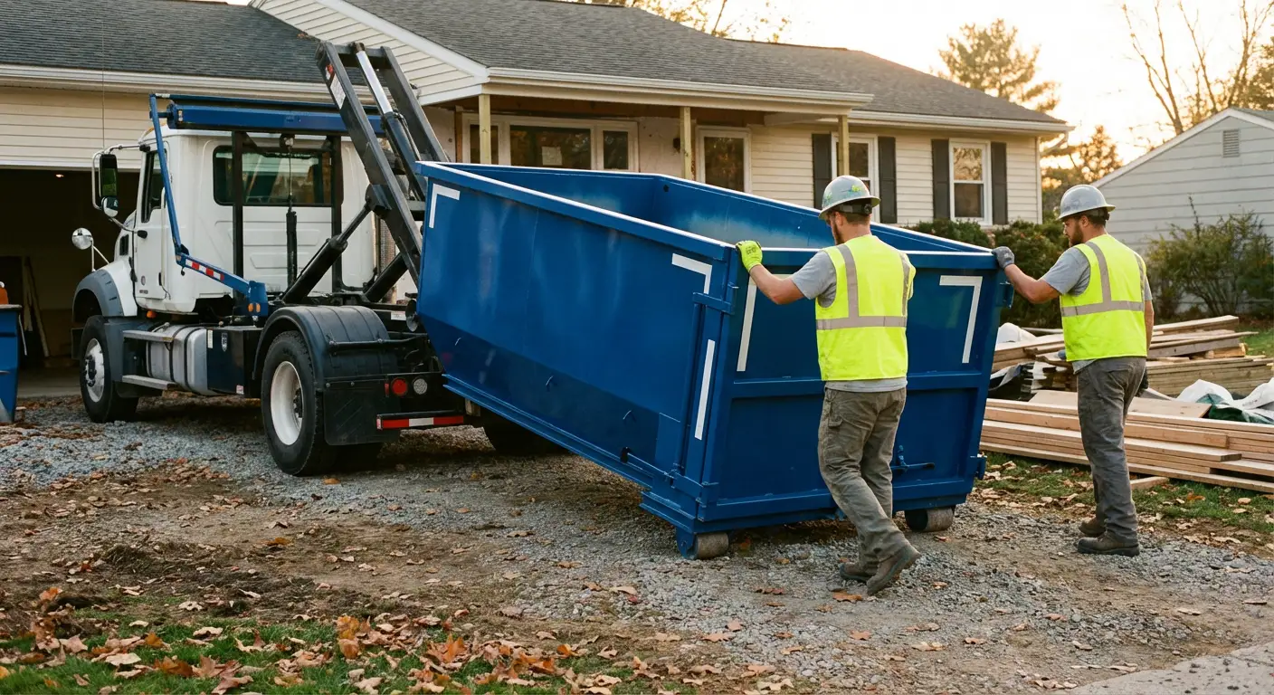 Construction dumpster delivery truck in action in Chandler, AZ