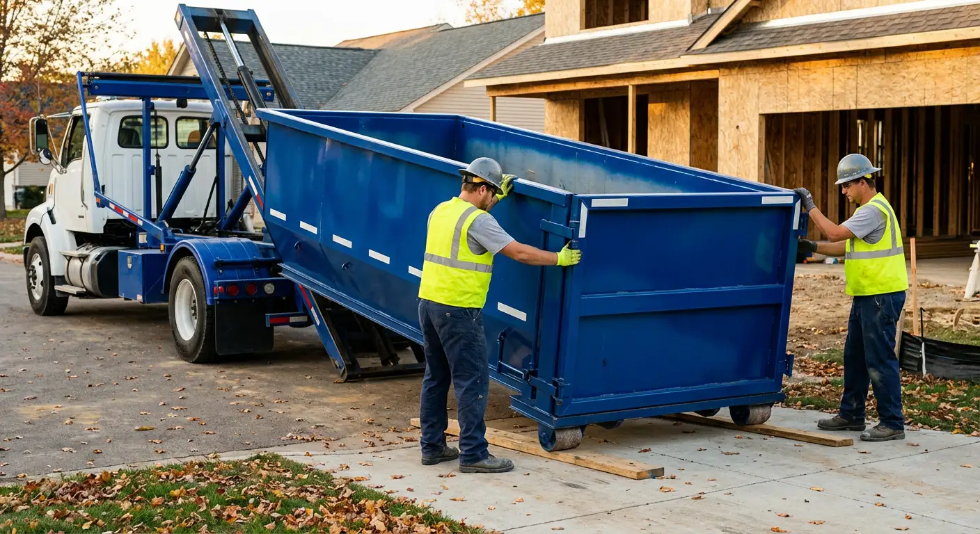 Roll-off dumpster delivery truck in residential area in Chandler, AZ