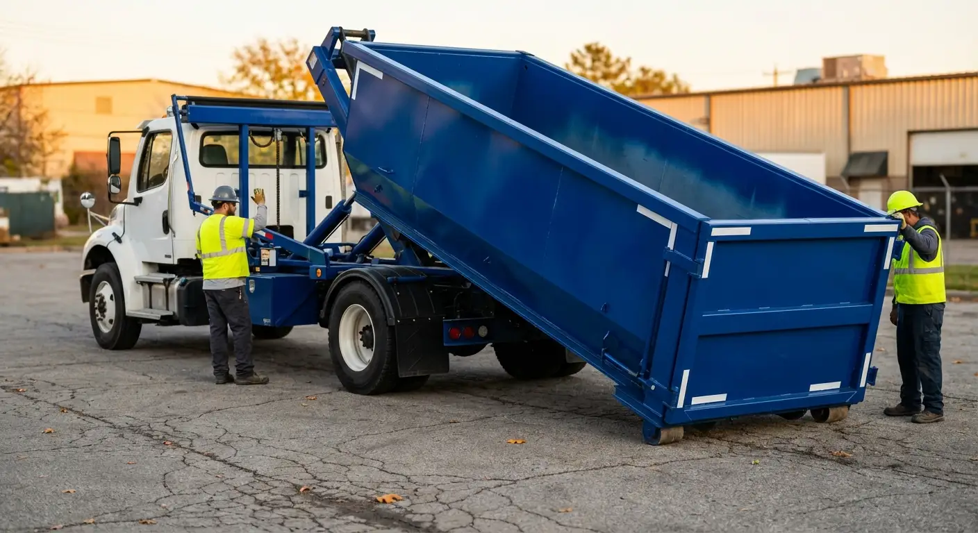 Roll-off dumpster rental truck protecting driveway surfaces in Chandler, AZ